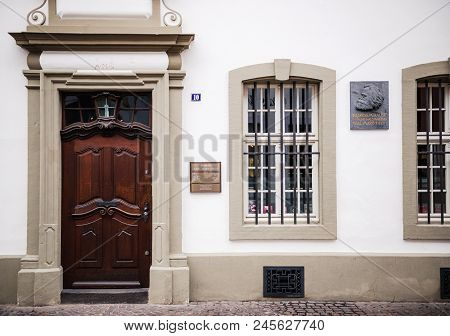 Trier, Germany - Feb 21, 2015: Entrance To The House Were Karl Marx, The German Philosopher, Economi