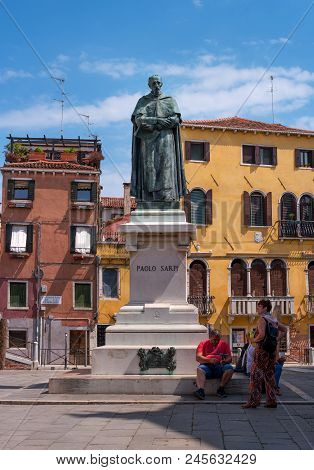 Venice, Italy - 08 May 2018: Statue Of Paolo Sarpi. Paolo Sarpi Is An Italian Historian, Theologian 
