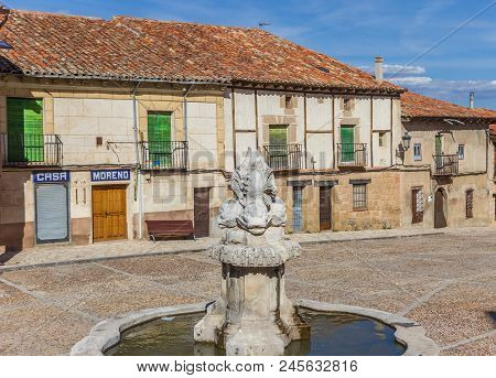 Atienza, Spain - April 18, 2018: Fountain On The Central Square Of Historic Village Atienza, Spain