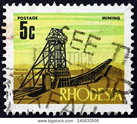 Rhodesia - Circa 1970: A Stamp Printed In Rhodesia Shows Mining, Industry, Circa 1970