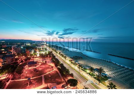 Montesilvano, Italy. June 16, 2018: Evening Panorama At Sunset Montesilvano Waterfront In The Provin