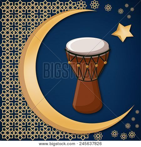 Turkish Traditional Drum Isolated On Decorated Background With Golden Moon, Star And Oriental Orname