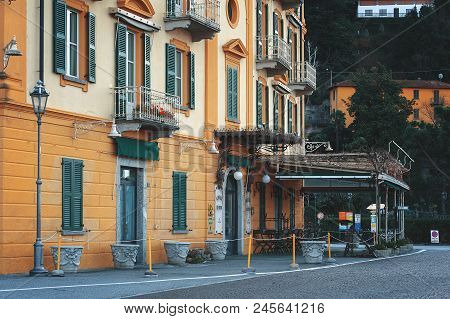 Bellagio,italy - December 2017: Facede Of Traditional Italian Architecture At Como Lake.