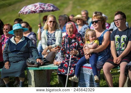 NIKOLSKIY / LENINGRAD REG, RUSSIA - JUN 16, 2018: During festival events dedicated to 69th anniversary of urban-type settlement Nikolskiy formation on the river Svir connecting Onega and Ladoga lakes.