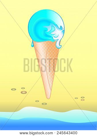 Ice Cream Is A Sea. Waffle Cone With A Wave Inside On The Background Of The Beach And The Surf. Ice 