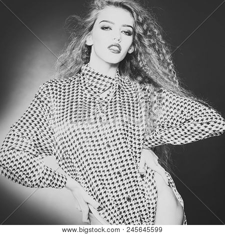 Fashion Portrait Of A Girl In A Plaid Shirt. Portrait Of Attractive Radiant Looking Blond Young Woma