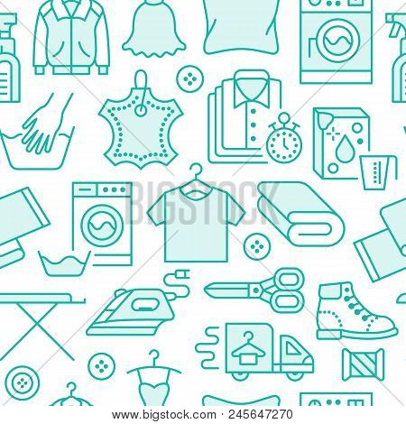 Dry Cleaning, Laundry Blue Seamless Pattern With Line Icons. Laundromat Service Equipment, Washing M