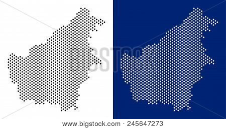 Pixel Borneo Island Map. Vector Geographic Map On White And Blue Backgrounds. Vector Concept Of Born