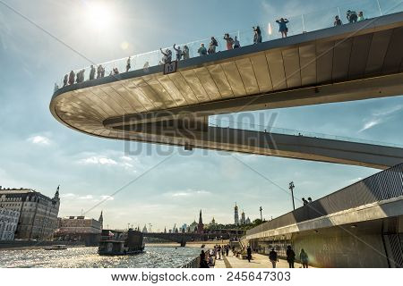 Moscow - June 16, 2018: Floating Bridge In Zaryadye Park Near Moscow Kremlin, Russia. Zaryadye Is On