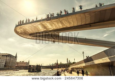 Moscow - June 16, 2018: Floating Bridge In Zaryadye Park Near Moscow Kremlin, Russia. Zaryadye Is On