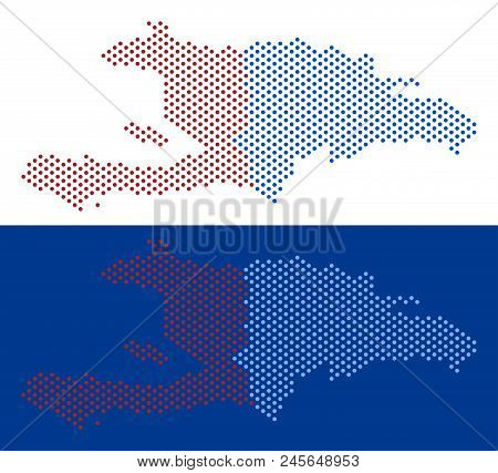 Pixel Haiti And Dominican Republic Map. Vector Geographic Map On White And Blue Backgrounds. Vector 