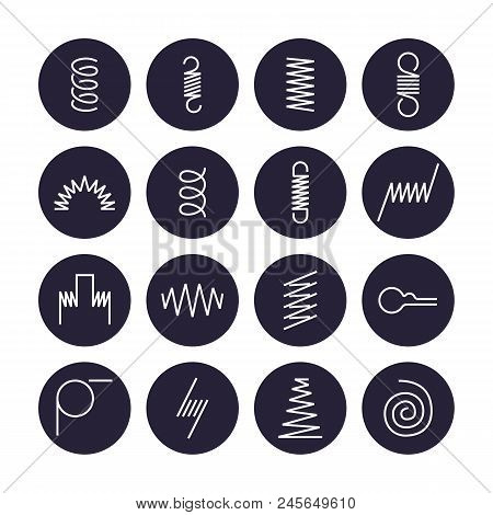 Metal Spring Flat Line Icons. Variety Of Flexible Coil, Elastic Steel Wire Types. Thin Signs In Circ