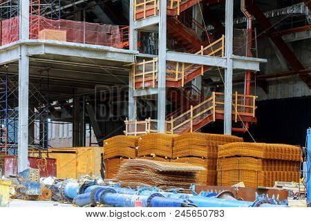 Detail Of High Rise Building In Construction Site Workers Unfinished High Rise Building