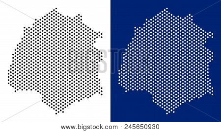 Dot Thassos Greek Island Map. Vector Geographic Map On White And Blue Backgrounds. Vector Concept Of