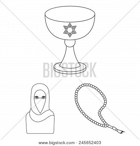 Religion And Belief Outline Icons In Set Collection For Design. Accessories, Prayer Vector Symbol St