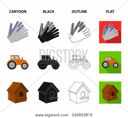 Spikelets Of Wheat, A Packet Of Seeds, A Tractor, Gloves.farm Set Collection Icons In Cartoon, Black