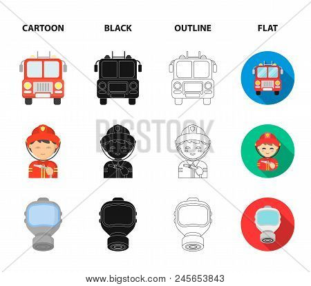 Fireman, Flame, Fire Truck. Fire Department Set Collection Icons In Cartoon, Black, Outline, Flat St