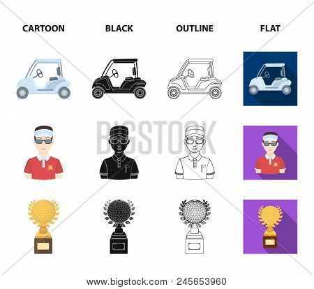 Field With A Hole And A Flag, A Golf Ball, A Golfer, An Electric Golf Cart.golf Club Set Collection 