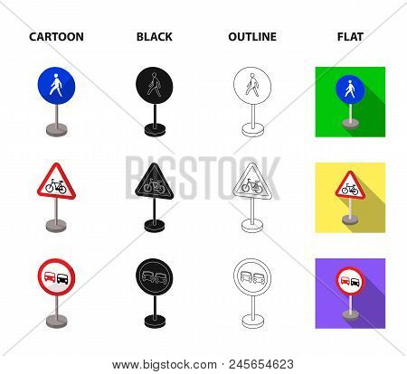 Different Types Of Road Signs Cartoon, Black, Outline, Flat Icons In Set Collection For Design. Warn