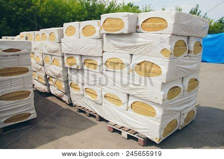 The Texture Of Mineral Wool For Insulating The Walls. Warehouse Of Products Ready For Import