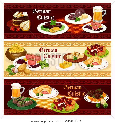 German Cuisine Restaurant Banner Set With Traditional Bavarian Food. Sausage, Cabbage Stew And Bear,