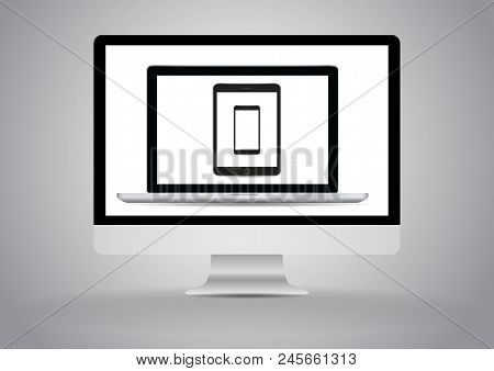 Modern Devices Mockups For Your Business Projects. Set Of Laptop, Desktop Computer, Tablet And Smart