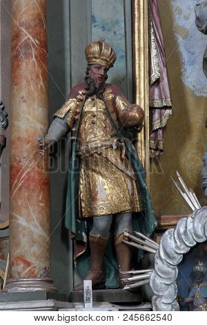 MARIJA NA MURI, CROATIA - AUGUST 08: Saint Stephen of Hungary, statue on the altar in the parish church of Assumption in Marija na Muri, Croatia on August 08, 2017.