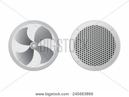 Axial Fan And Round Ventilation Grille. Industrial Vector Illustration. The Hvac Equipment.