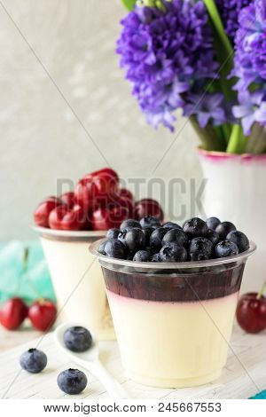 Italian Dessert Pana Cota With Berry Jam And Fresh Blueberries