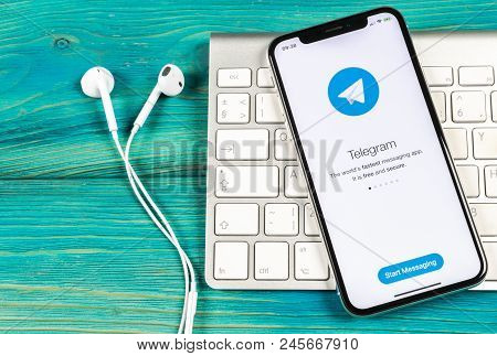 Sankt-petersburg, Russia, June 2, 2018: Telegram Application Icon On Apple Iphone X Screen Close-up.