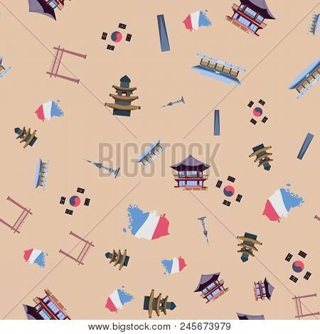 Seamless Pattern With Korean Atchitecture In Flat Style. For Paper, Textile, Bed Linen. Vector Illus