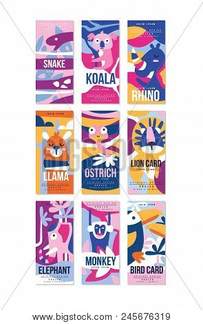 Birds And Animals Poster Set, Design Element With Snake, Koala, Rhino, Llama, Ostrich, Lion, Elephan