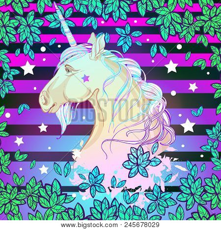 Beautiful Vector Unicorn Over The Colorful Vibrant Background. Highly Detailed Artwork Isolated. Pri