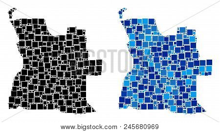 Dotted Angola Map Variants. Abstract Geographic Map Version Designed With Blue Color Shades. Vector 