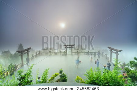 Bao Loc, Vietnam - May 15th, 2018: The Magical Dawn On The Pagoda, Surrounded By Dew And Magical Lig