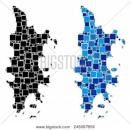 Dotted Phuket Map Versions. Abstract Geographic Scheme Version Done With Blue Color Tones. Vector Co
