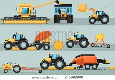Modern Agricultural Vehicle Isolated Set. Agriculture Tractor Hay Baler, Combine Harvester, Seeding 