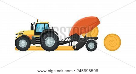 Agriculture Tractor Hay Baler Isolatedillustration. Rural Industrial Farm Equipment Machinery, Comer