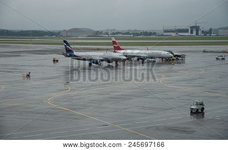 Moscow, Russia- June 12 2018: Airplanes On The Runway At Terminal D Of Sheremetyevo International Ai