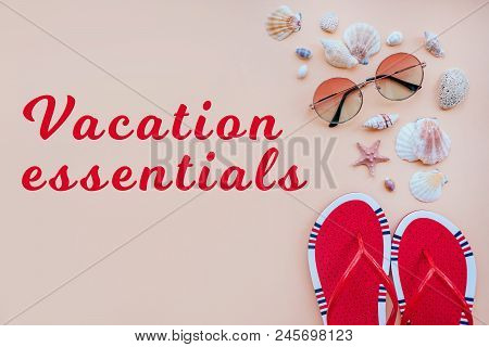 Summer Fashion Flatlay With Gradient Round Sunglasses And Red Flats Decorated With Sea Shells. Perfe