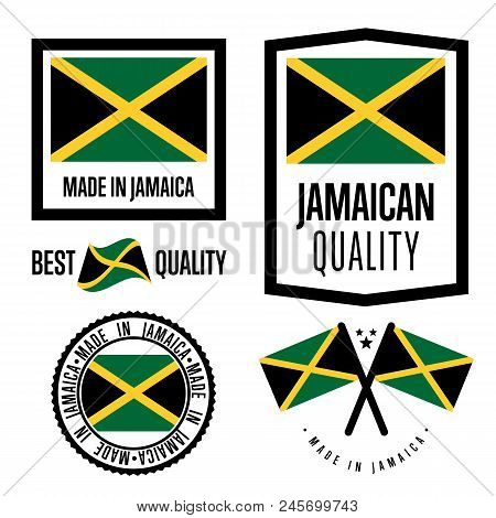 Jamaica Quality Isolated Label Set For Goods. Exporting Stamp With Jamaican Flag, Nation Manufacture