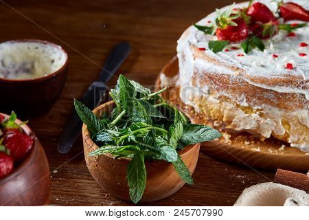 Strawberry Tart Covered With Whipped Sour Cream On A Wooden Tray Over Rustic Background, Close-up, S