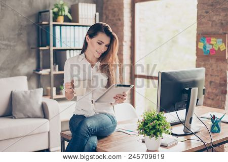 Portrait Of Sexy Charming Relaxed Careless Carefree Lazy Layabout Professional Stylish Trendy With L