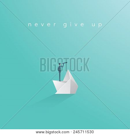 Business Manager On Sinking Paper Boat Vector Concept. Symbol Of Hope, Determination, Motivation, Le