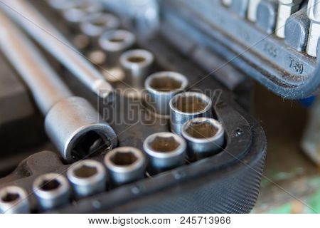 Box With Set Of Tools For Car Repair, Closeup.