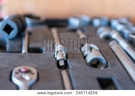 Box With Set Of Tools For Car Repair, Closeup.