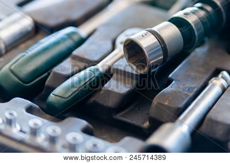 Box With Set Of Tools For Car Repair, Closeup.