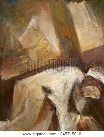 SISAK, CROATIA - DECEMBER 07: 7th Stations of the Cross, Jesus falls the second time, Church of Holy Cross in Sisak, Croatia, on December 07, 2017.