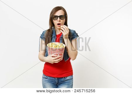 Portrait Of Young Shocked Beautiful Brunette Woman In 3d Glasses, Casual Clothes Watching Movie Film
