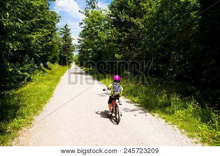 Little Girl Going In Bicycle, Family Cyclo Holidays, Summertime. Family, Education, Recreation And S